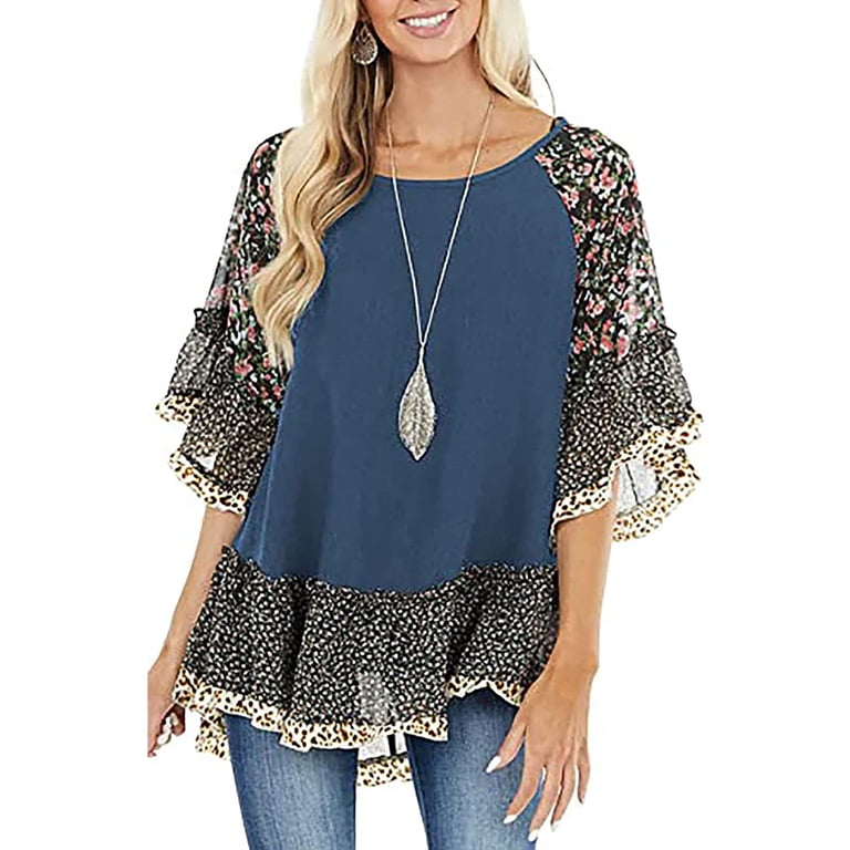 Douhoow Women's Boho Shirts Ruffle 3/4 Sleeve Crew Neck Blouse