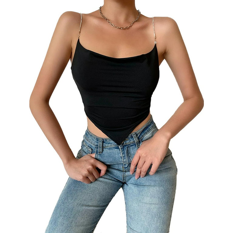 Douhoow Women's Camisole Summer Backless Diamond Drill Shiny Chain Straps  Back Lace-Up Crop Top