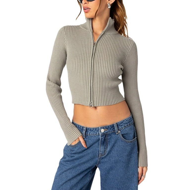 Douhoow Women's Double Zip Up Cardigan Long Sleeve Slim Douhoow Women's Double Zip Up Cardigan Long Sleeve Slim