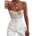 thumbnail image 1 of Douhoow Women's Pearl Rhinestone Mesh Tops Long Sleeve See Through Sheer Blouse Beach Cover Up Crop Top, 1 of 7