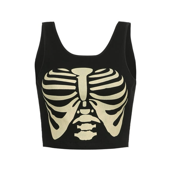 Douhoow Womens Rib Knit Tank Tops Punk Tee Sleeveless Round Neck Skeleton Print Crop Top