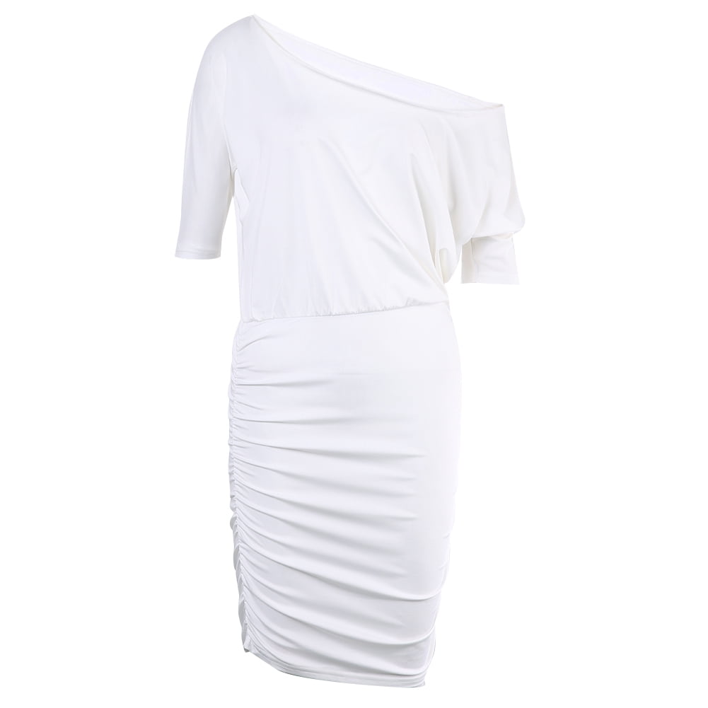 knee length white one shoulder dress Douhoow Womens Short Sleeve Dress Above Dress 5CMBH