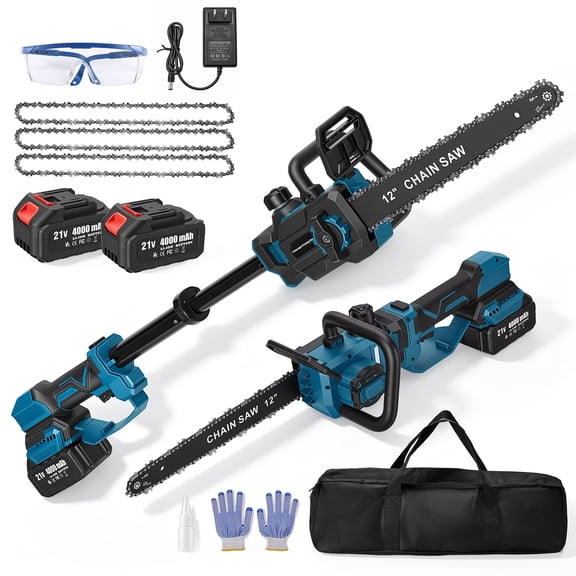 Doulami 12 Inch Cordless Chainsaw, 21V Brushless Power Chain Saw with 2 Batteries, 2-in-1 Telescopic Pole Saw for Tree Trimming, Tool-Free Tension & Auto Lubrication