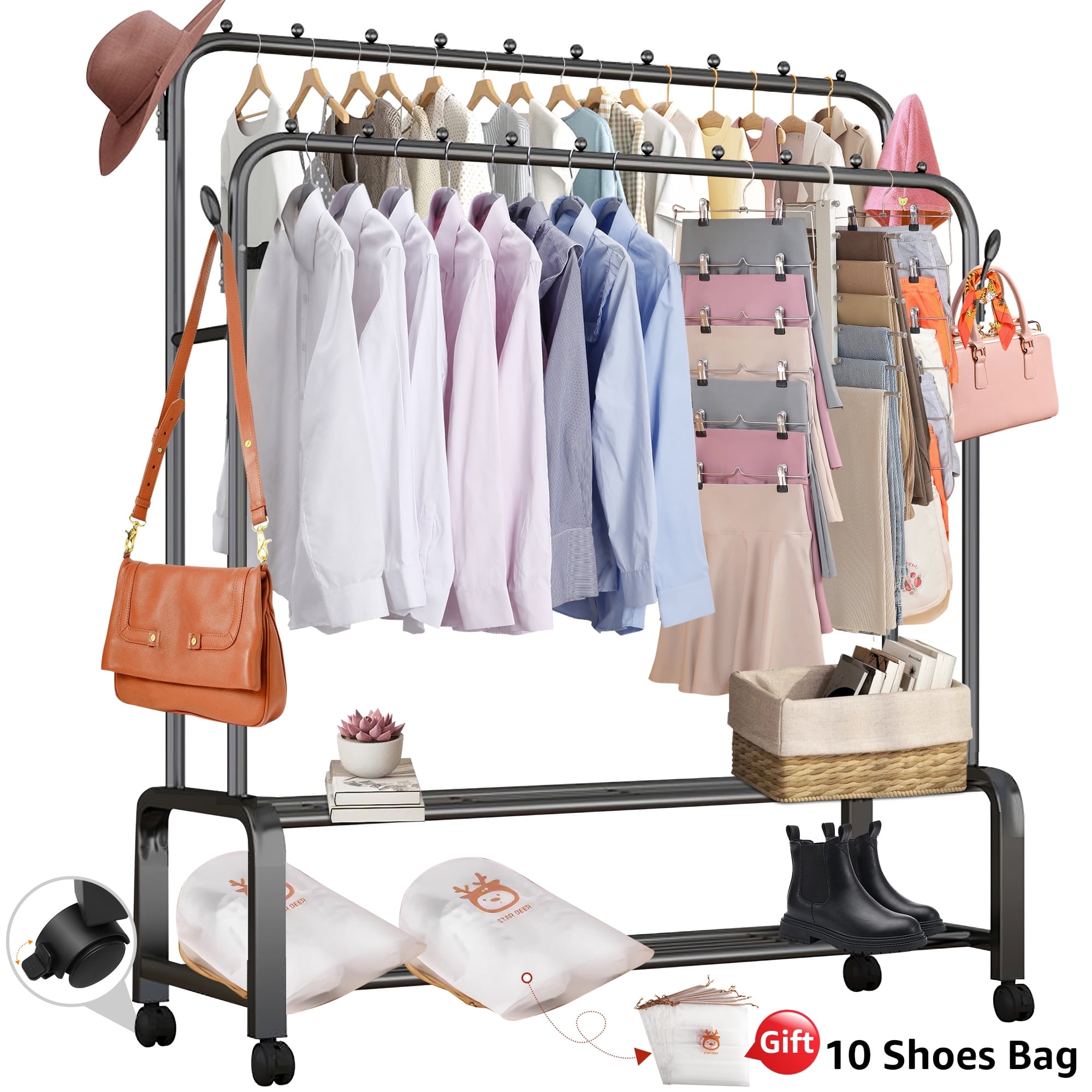 Doulami 2 Tiers Clothes Rack on Wheels Double Rails Rolling Garment Rack Clothes Rack with Shelves Hanging Rack with Side Hooks and Shoes Bag