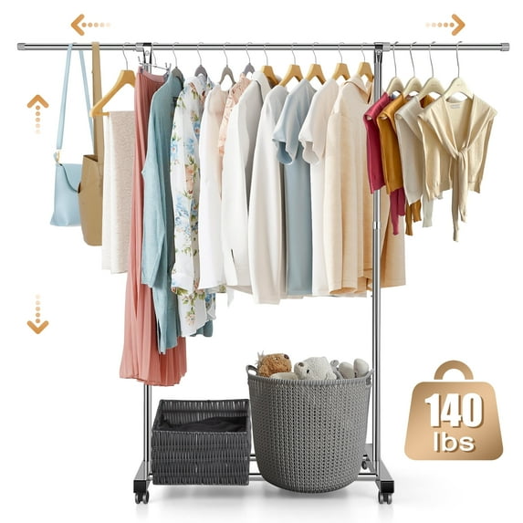 Doulami Clothes Rack on Wheels Rolling Garment Rack with Shelves Stainless Steel Extendable Clothing Drying Rack for Hanging Clothes