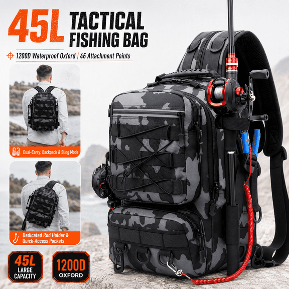 Doulami 45L Fishing Backpack with Rod Holder, Waterproof Tackle Bag - 1200D Oxford, 15+ Pockets & 46 Attachment Points, Breathable Shoulder Sling Gear Bag, Black