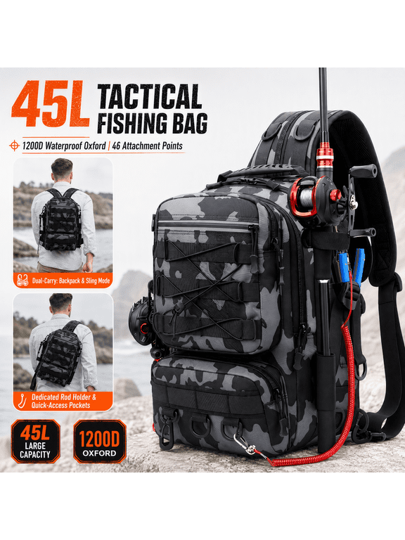 45L Fishing Backpack with Rod Holder, Waterproof Tackle Bag - 1200D Oxford, 15+ Pockets & 46 Attachment Points, Breathable Shoulder Sling Gear Bag, Black