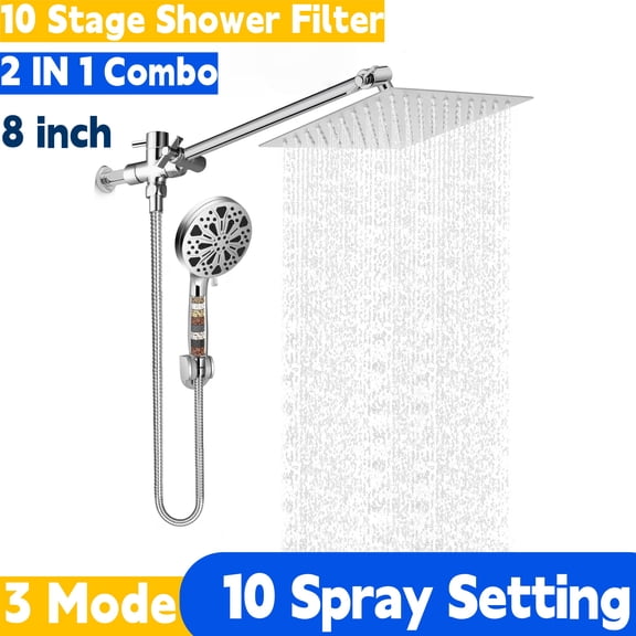 Doulami Shower Head, 8 inch Rain Showerhead, 10 Stage Shower Filtered , 10 Spray Setting, 3 Mode, 2 in 1 Combo
