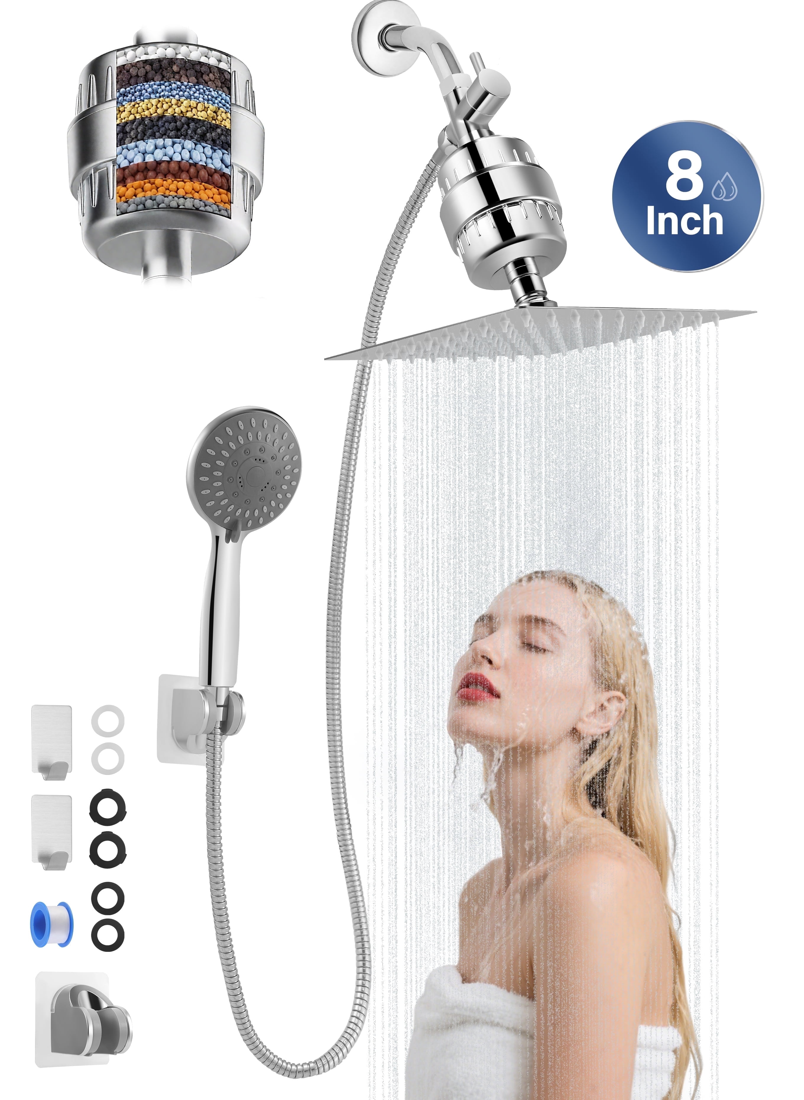 Doulami Shower Head Combo Filtered Shower Head with Handheld 8'' Dual Rainfall Showerhead 5 Settings High Pressure Handheld Showerhead