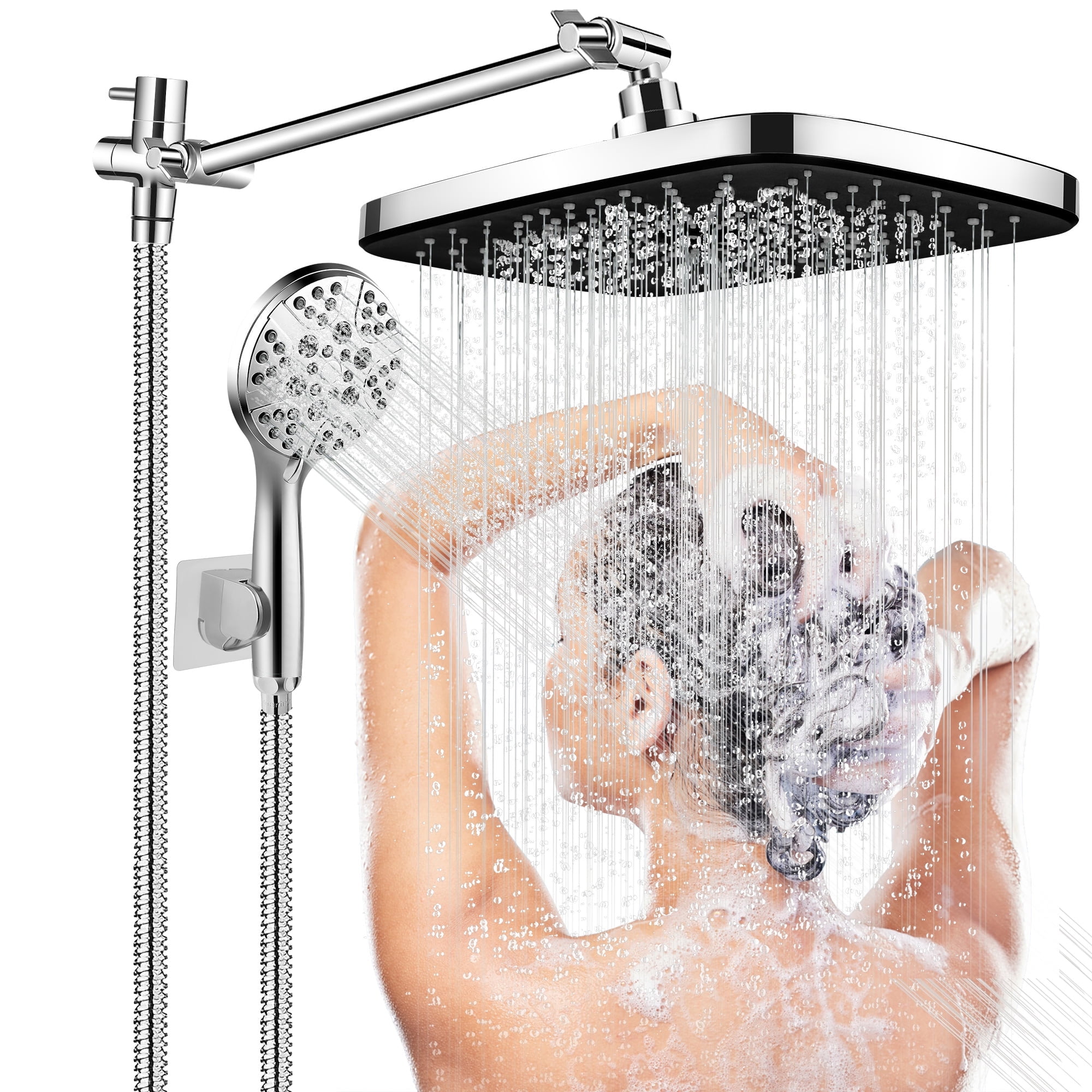 Doulami 12 Inch Rainfall Shower Head 8-Setting High Pressure Dual Handheld Shower Head Combo Sliver