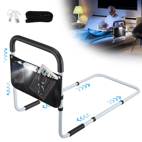 Doulami Bed Rails for Elderly Adults Safety, Adjustable Assist Bed Rail for Senior with Storage Bag & Light
