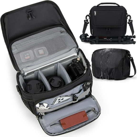 Doulami Camera Crossbody Sling Bag, Shockproof DSLR Mirrorless, Waterproof Rain Cover & Tripod Holder, Custom Dividers Adjustable Strap, Black