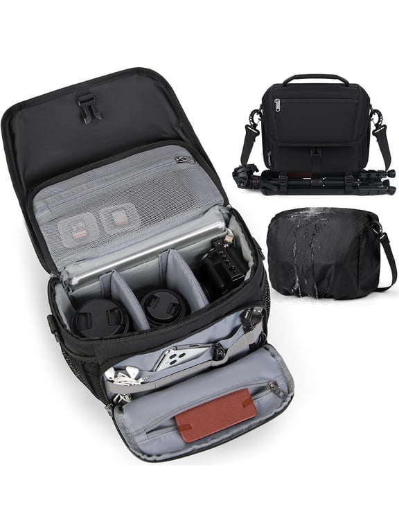 Camera Crossbody Sling Bag, Shockproof DSLR Mirrorless, Waterproof Rain Cover & Tripod Holder, Custom Dividers Adjustable Strap, Black