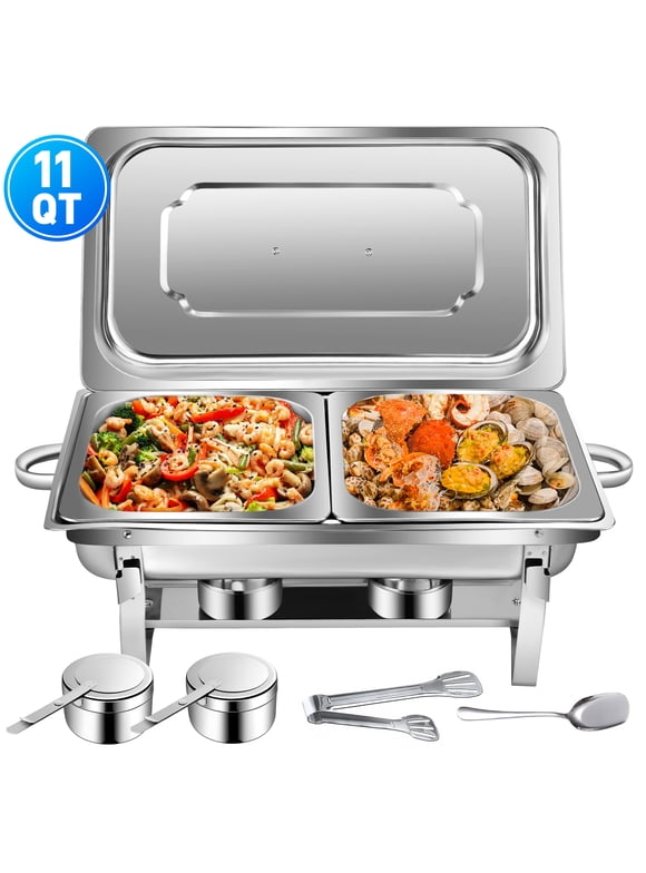 Doulami Chafing Dish Chafer 11 QT Stainless Steel Food Warmer Foldable Stove Dish Set Rectangular Chafing Dish Full Buffet Catering with Tong and Spoon