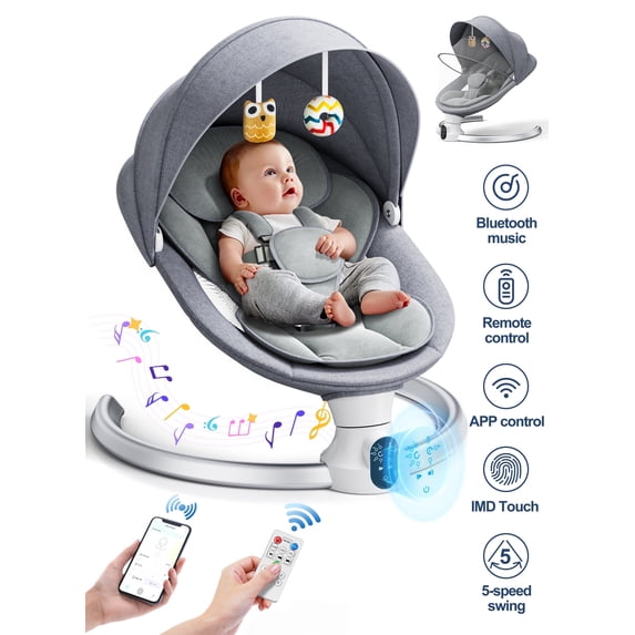 Doulami Electric Baby Swing for Newborn to Toddler Portable Infant Swing Rocker with Remote & APP Control & IMD Touch Panel, 5 Sway Speeds, 10 Lullabies, Gray