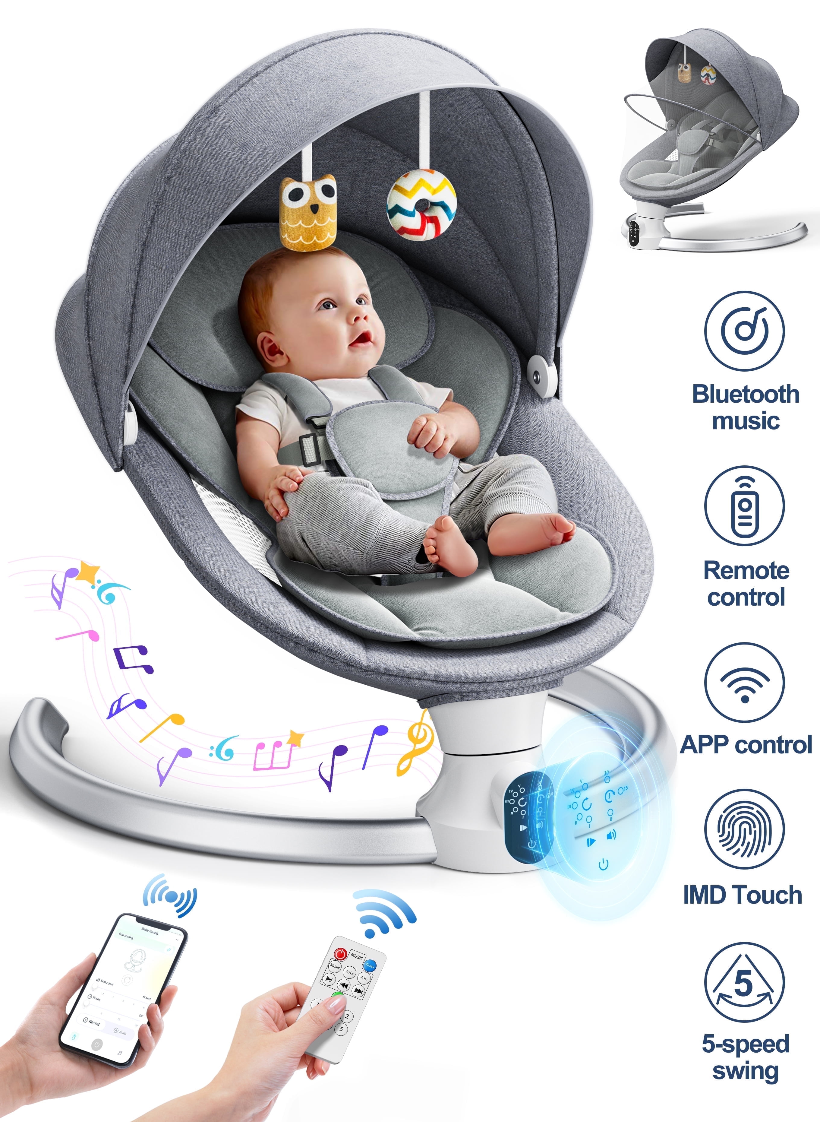 Doulami Electric Baby Swing for Newborn to Toddler Portable Infant Swing Rocker with Remote & APP Control & IMD Touch Panel, 5 Sway Speeds, 10 Lullabies, Gray