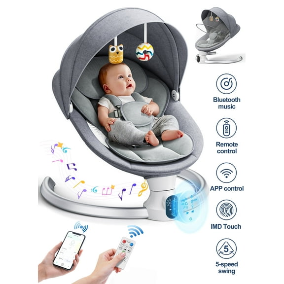 Doulami Electric Baby Swing for Newborn to Toddler Portable Infant Swing Rocker with Remote & APP Control & IMD Touch Panel, 5 Sway Speeds, 10 Lullabies, Gray