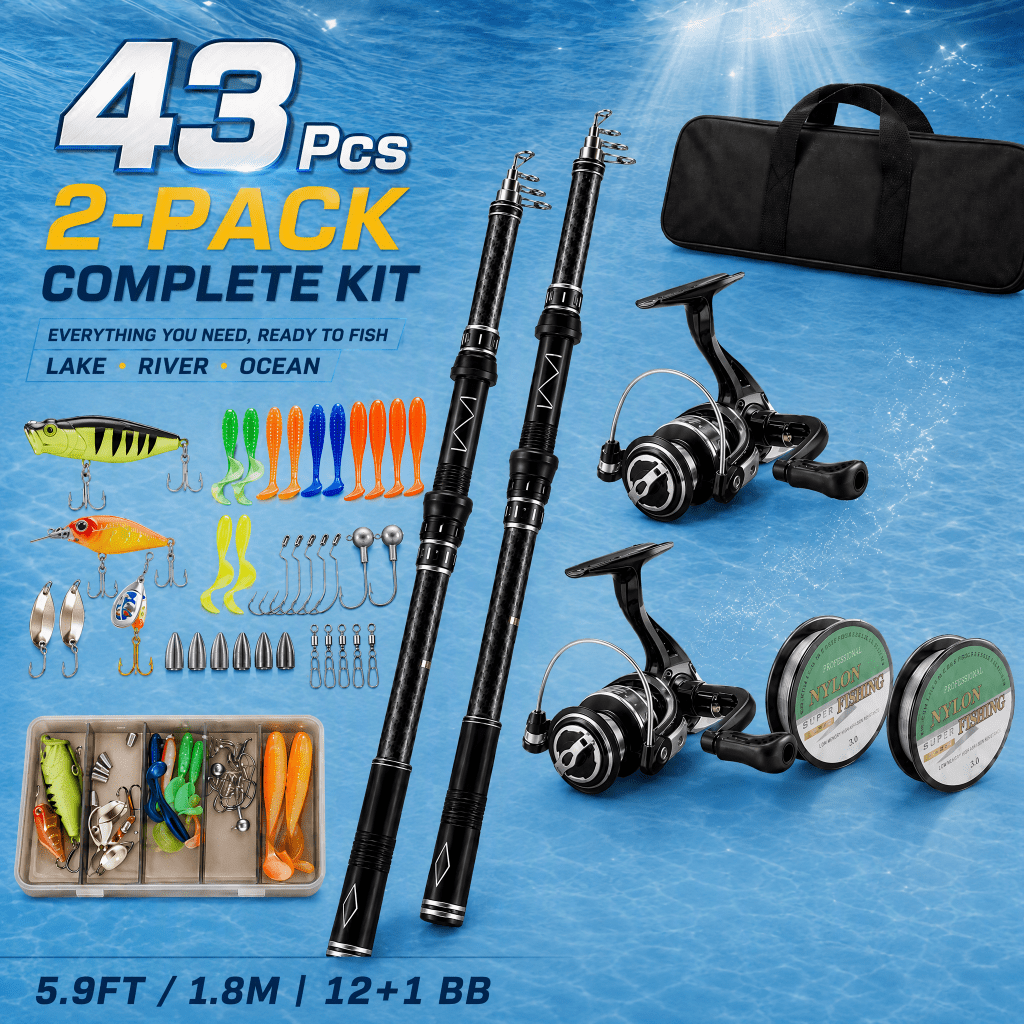 Doulami Fishing Poles 2-Pack, Fishing Rod with 43 Pcs Fishing Kit, 5.9ft Telescopic Carbon Fiber 12+1 BB Spinning Reel, 10LB Max Drag Anti-Tangle Ceramic Guides, with Tackle Bag