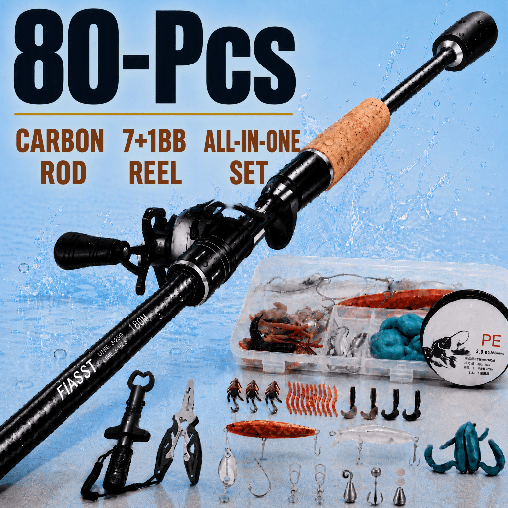 Doulami Fishing Rod and Reel Combo, Baitcaster Combo 80-Pcs Set with Right-Hand Baitcasting Reel, Carbon Fiber Telescopic Rod 7+1 BB Dual Brake, Cork Handle Lure Kit