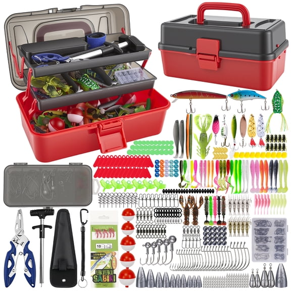 Doulami Tackle Box, 460-Pcs Tackle Box with Tackle Included, 3-Layer Fishing Starter Kit Hooks Weights Bobbers Pliers Fluorocarbon Line