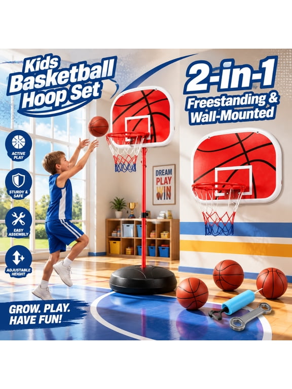 Kids Basketball Hoop, 1.8M Height Adjustable Indoor Outdoor Mini Basketball Goal Set with 3 Basketballs & Inflatable Pump, Sports Toy Gift for Boys Girls 3-8 Years Old