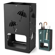 Doulami Metal Umbrella Stand for Entryway, Modern Indoor Umbrella Storage Rack with 2 Compartments & Hooks, Waterproof Galvanized Sheet Organizer for Long & Short Folding Umbrellas, Black