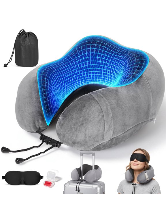 Doulami Neck Pillow for Traveling, Travel Pillows for Airplanes,Memory Foam Travel Neck Pillow, Adjustable Flight Pillow, Portable Plane Accessories with Eye Mask, Earplugs, Carry Bag,Dark Gray
