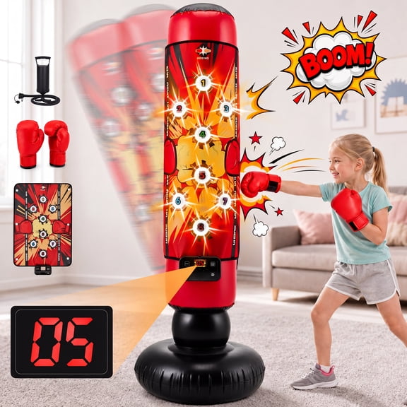Doulami Punching Bag for Kids, 63 Inch Boxing Bag with Light, Music, Scoring System, 4 Play Modes, Inflatable Boxing Toy with Gloves, Birthday Gifts Toys for 4-12 Years Boys and Girls