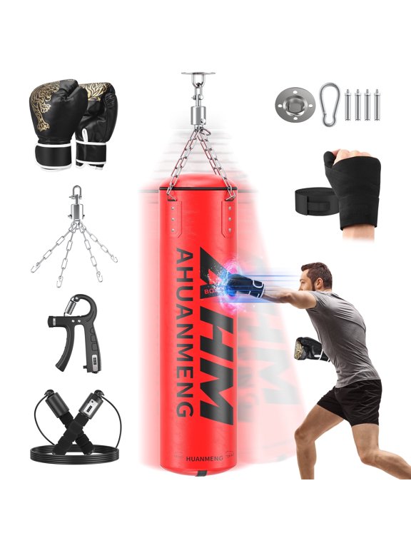 Punching Bag for Adults 4FT PU Heavy Boxing Bag Set Hanging Boxing Kit w/ Gloves, Red
