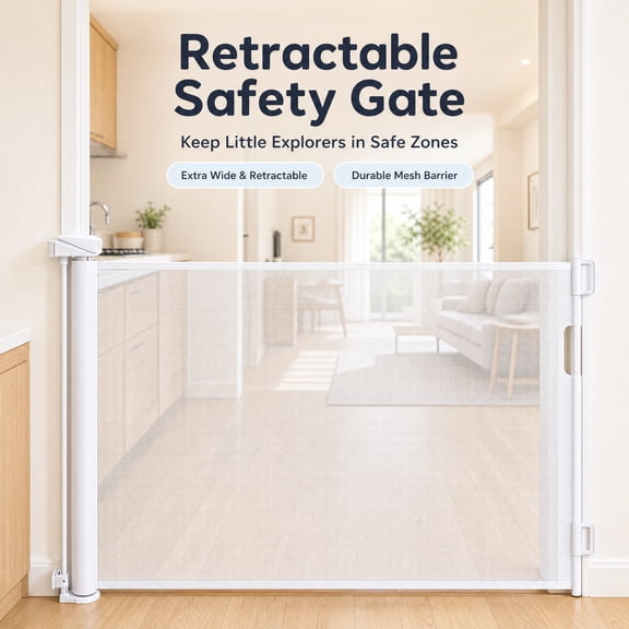 Doulami Retractable Baby Gate for Stairs, 70" Wide x 34" Tall Extra Wide Mesh Pet Dog&Cat Gate with Auto-Lock Safety, White