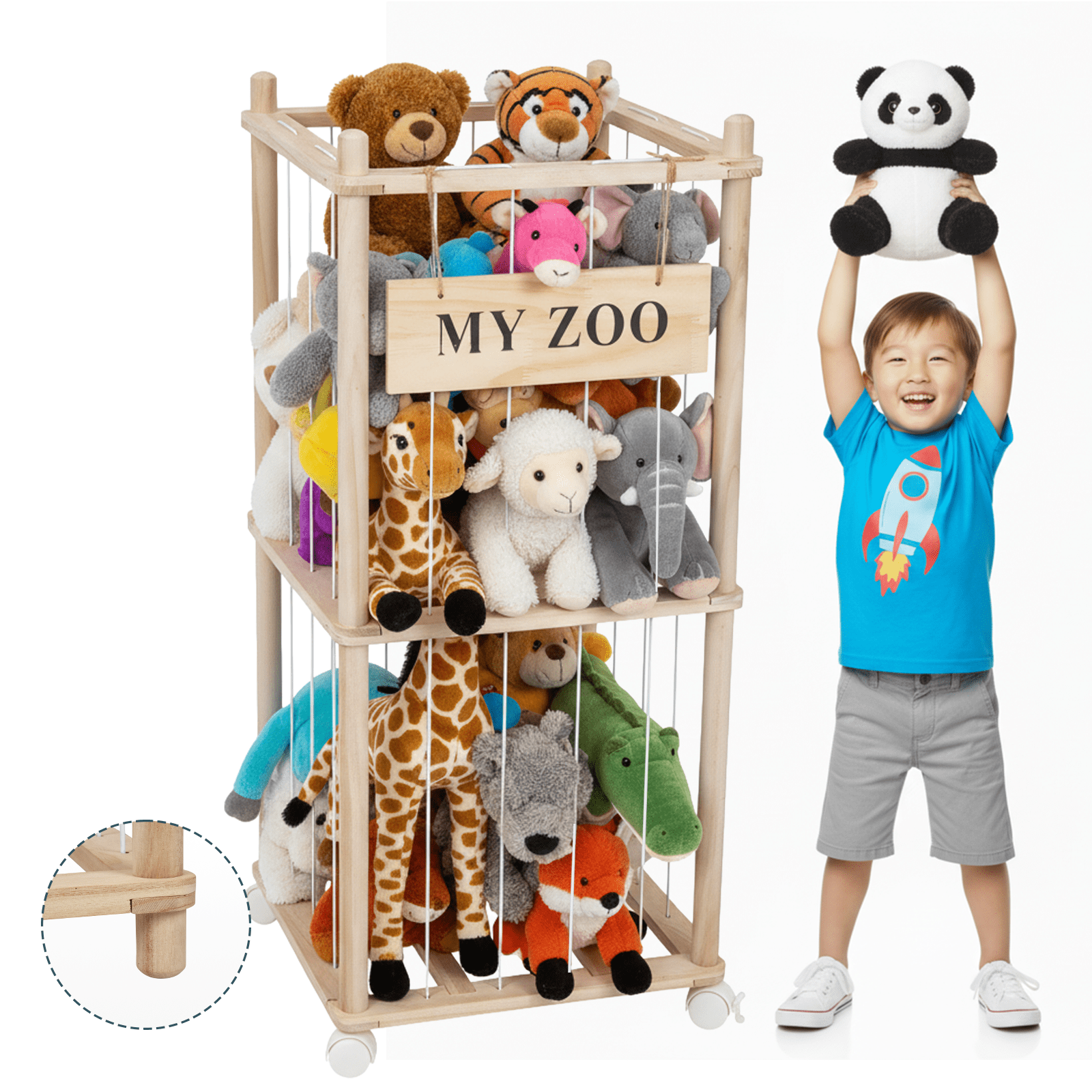 Doulami Wooden Stuffed Animal Storage, Holds Up to 40 Plush Toys, Vertical Corner Plush Toy Storage with Elastic Straps, Zoo Toy Organizer for Kids Nursery Bedr