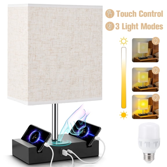 Doulami Table Lamp for Bedroom with 3 Way Dimmable Touch Control, Bedside Table Lamp with 2 USB Charging Ports and 2 Phone Stands, Nightstand Lamp with E26 Light Bulb, Desk Lamp with Fabric Shade for