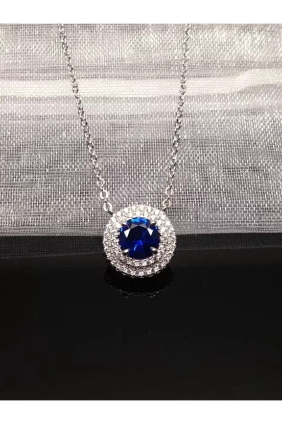 Dounle Halo Blue Sapphire & Diamond Round Cut Pendant Necklace For Women 14k White Gold Plated