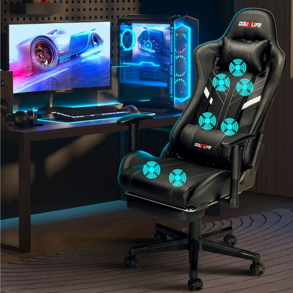 Douxlife 7-Point Massage Gaming Chair with Footrest, 175° Reclining, Ergonomic Racing High Back Home Office Computer Chair, Video Game Chair for Adults Kids