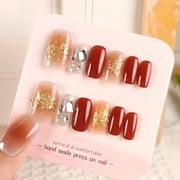 Douyin popular phototherapy hand-worn nail 24 pieces burgundy diamond-encrusted nail nail piece, glitter gold foil nail patch