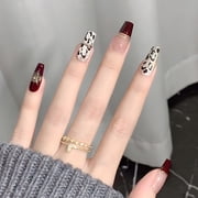 Douyin same handmade three-dimensional phototherapy wearing nail, burgundy long nail art, gilt leopard print nail patch 24 pieces