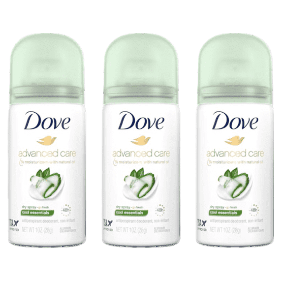 Dove Advanced Care Antiperspirant Deodorant Dry Spray Cool Essentials, 1 oz Travel Size (3 Pack)