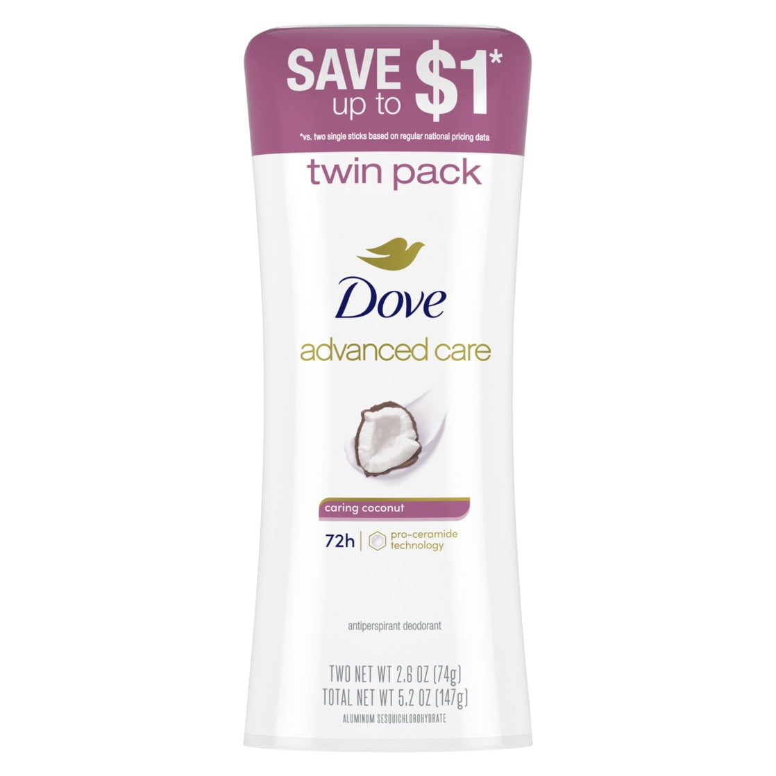 Dove Advanced Care Antiperspirant Deodorant For Women Caring Coconut, 2.6 oz Twin Pack