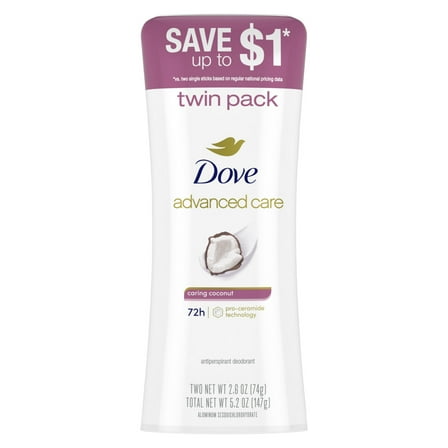 Dove Advanced Care Antiperspirant Deodorant For Women Caring Coconut, 2.6 oz Twin Pack