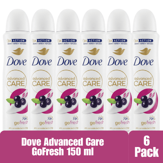 Dove Advanced Care Go Fresh Acai Berry & Waterlily Antiperspirant Deodorant Spray, 72-Hour Protection, Pro-Ceramide Technology, 0% Alcohol, 150 mL, 6-Pack