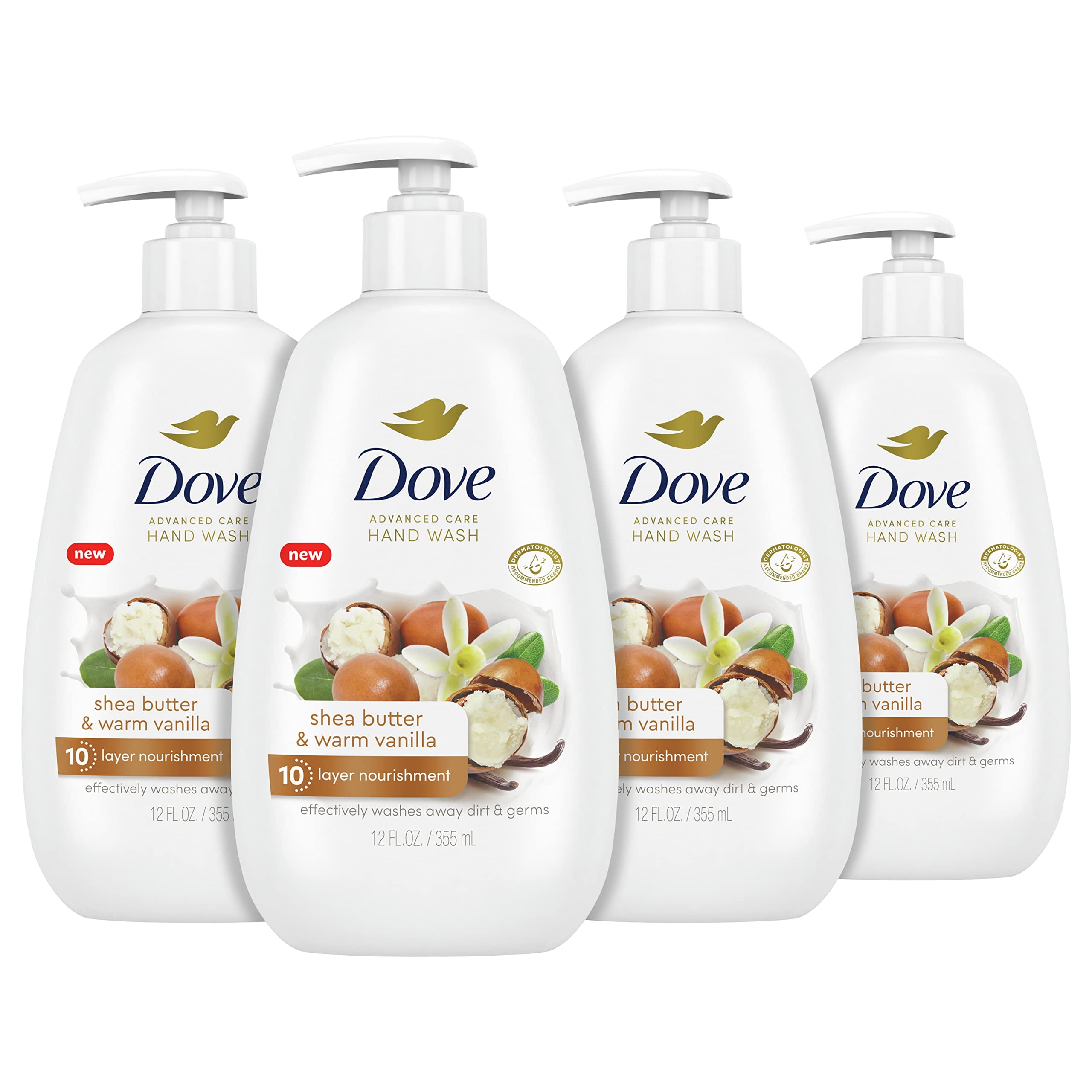 Dove Advanced Care Hand Wash HYZ01 Shea Butter & Warm Vanilla 4 Count for Soft, Smooth Skin, More Moisturizers than the Leading Ordinary Hand Soap, 12 oz
