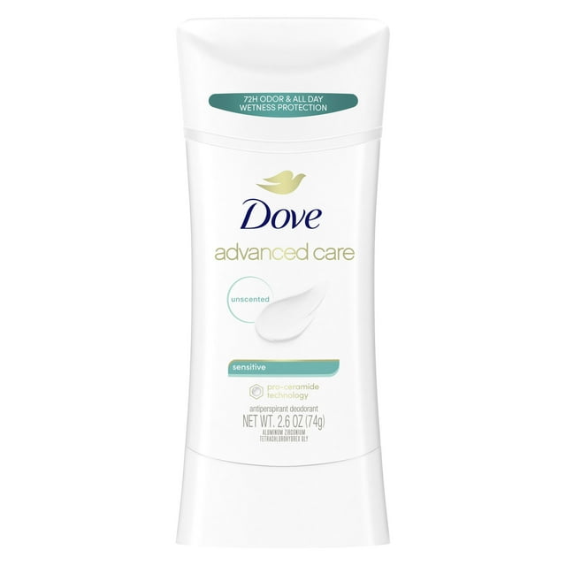 Dove Advanced Care Long Lasting Women's Sensitive Antiperspirant Deodorant Stick, Unscented, 2.6 oz
