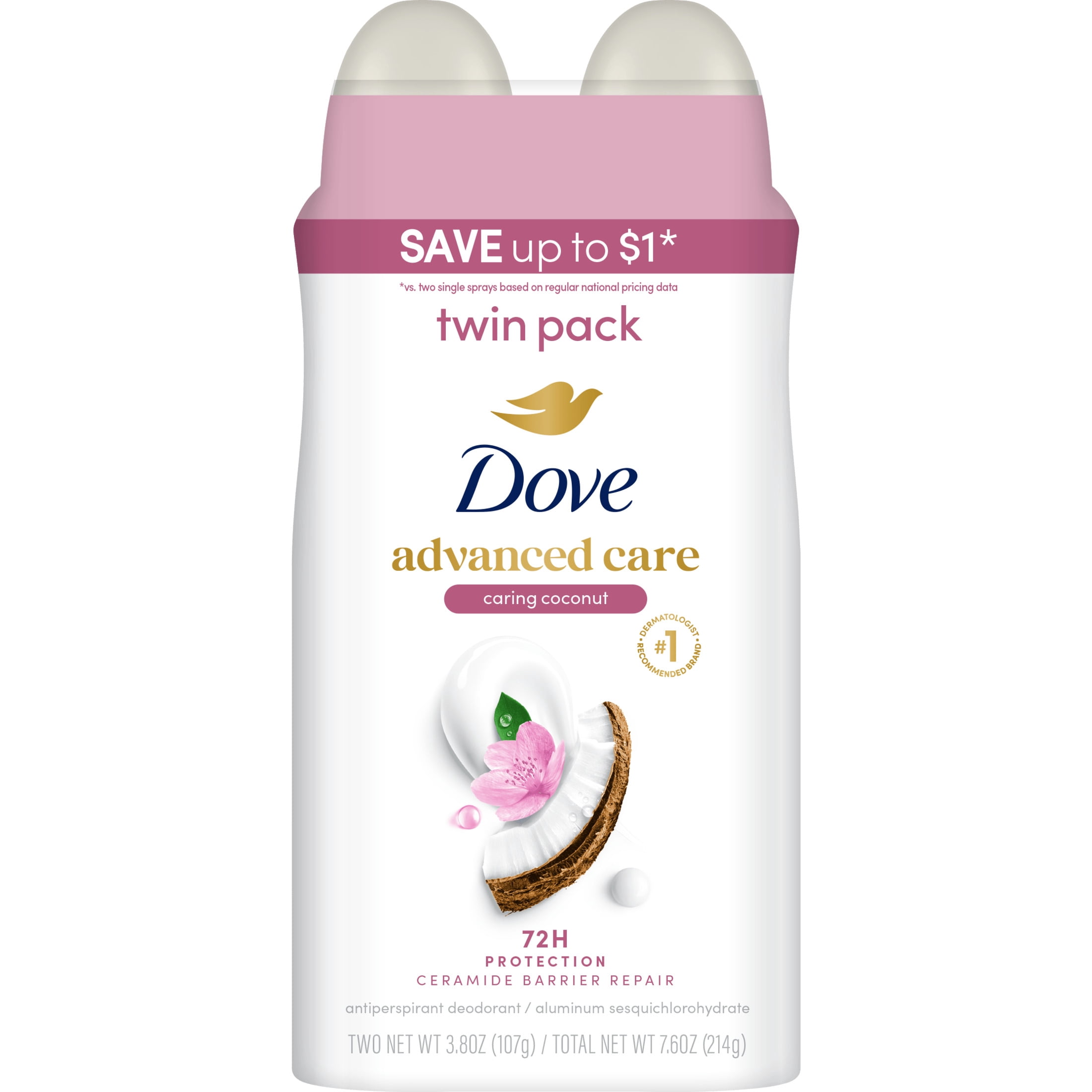 Dove Advanced Care Antiperspirant Deodorant Dry Spray To Help Your Skin Barrier Repair After Shaving Caring Coconut, 3.8 oz Twin Pack