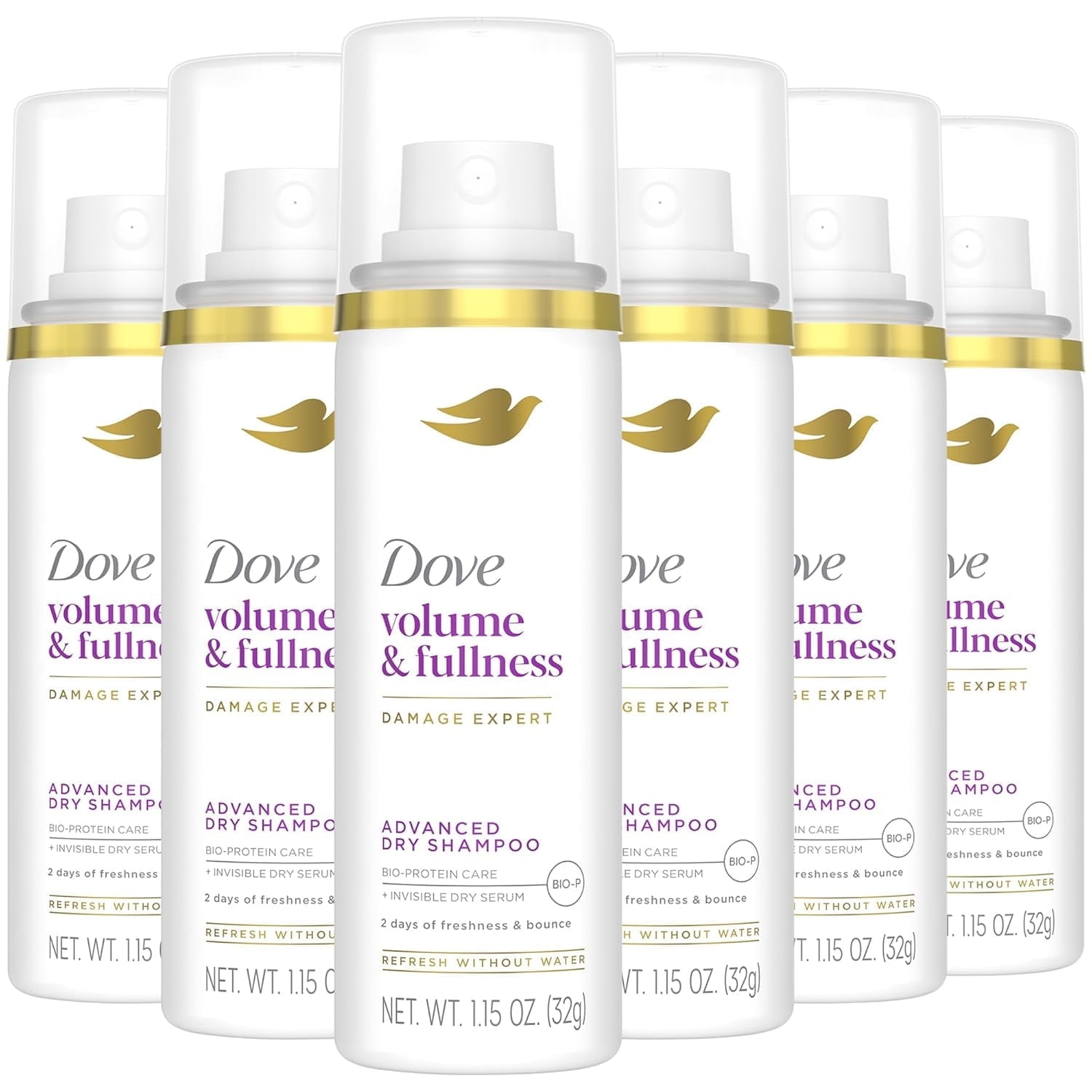 Dove Advanced Dry Shampoo, Travel-Size, Volume & Fullness, 6-Pack, Travel Essentials, 1.15 Oz Ea