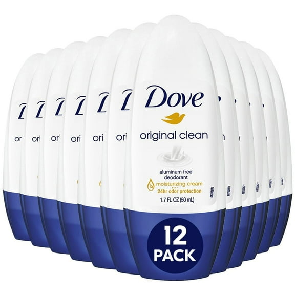 Dove Aluminum-Free Deodorant for Women, Original Clean Roll-On 12-Pack Moisturizing Cream Formula with 24H Odor Protection, 1.7 Fl Oz Ea