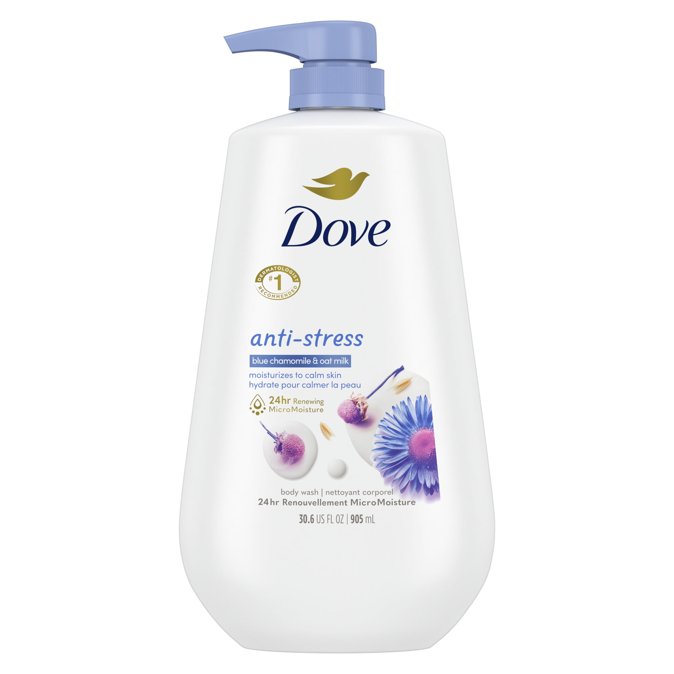 Dove Anti-Stress Moisturizing Women's Liquid Body Wash Blue Chamomile & Oat Milk All Skin, 30.6 oz