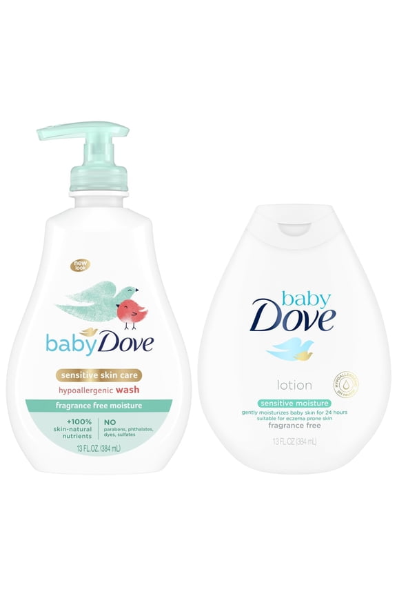 Baby Sensitive Skin Care Bundle Hypoallergenic Wash & Baby Lotion, Fragrance Free Moisture, Baby Gift Set, 13 Oz Ea (2 Piece Set)