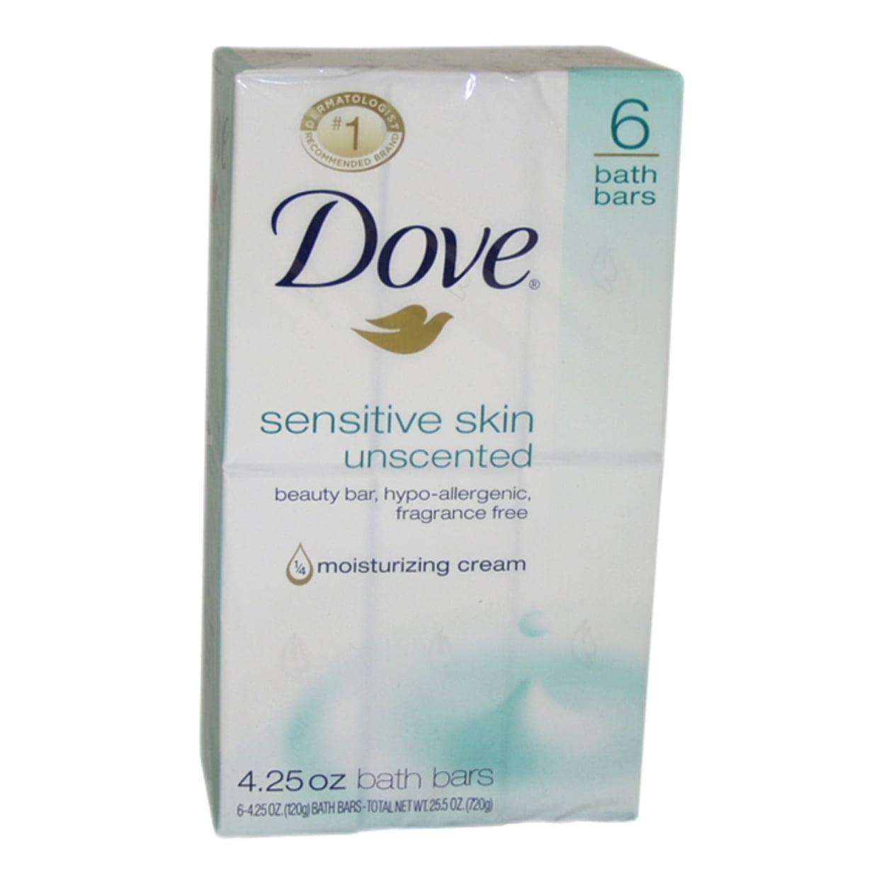 Dove Beauty Bar More Moisturizing Than Bar Soap Sensitive Skin With Gentle Cleanser for Softer Skin, Fragrance-Free, Hypoallergenic Beauty Bar 3.75 oz, 6 Bars
