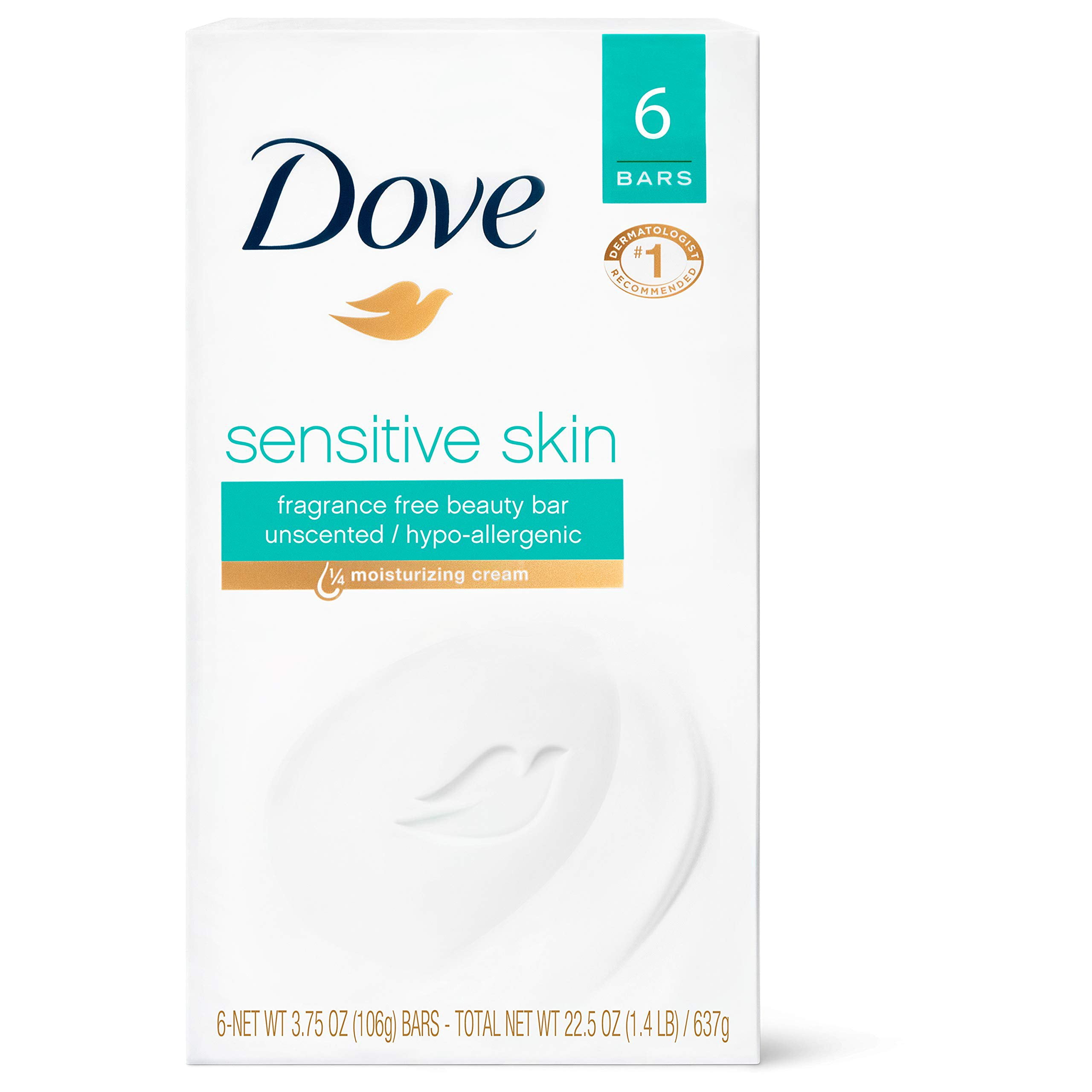 Dove Beauty Bar More Moisturizing Than Bar Soap Sensitive Skin With Gentle Cleanser for Softer Skin, Fragrance-Free, Hypoallergenic Beauty Bar 3.75 oz, 6 Bars