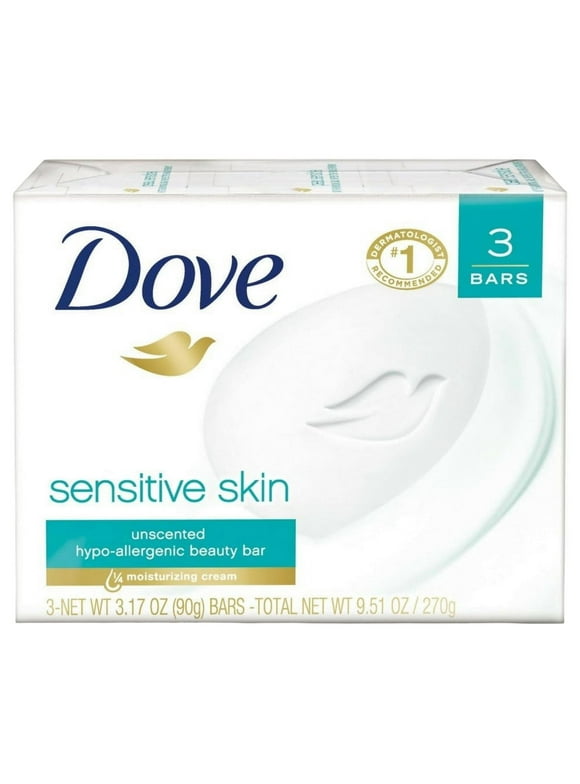 Dove Beauty Bar More Moisturizing Than Bar Soap Sensitive Skin With Gentle Cleanser for Softer Skin, Fragrance Free, Hypoallergenic 3.17 oz, 3 Bars